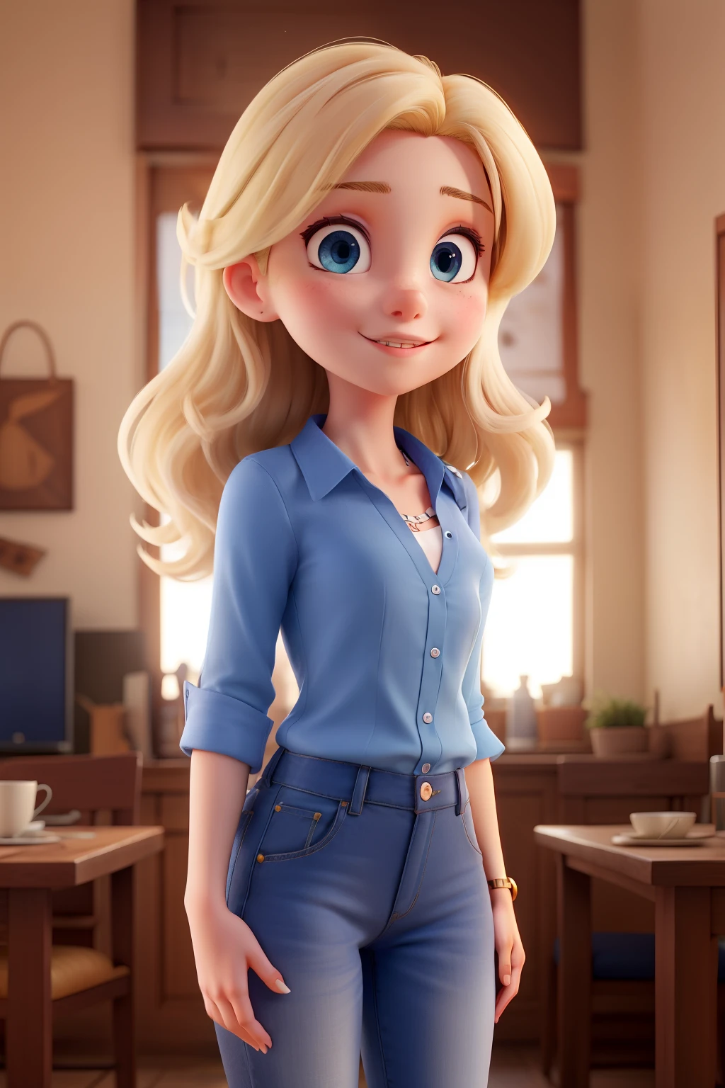 young blonde woman with blue eyes showing her entire body wearing a simple blue blouse