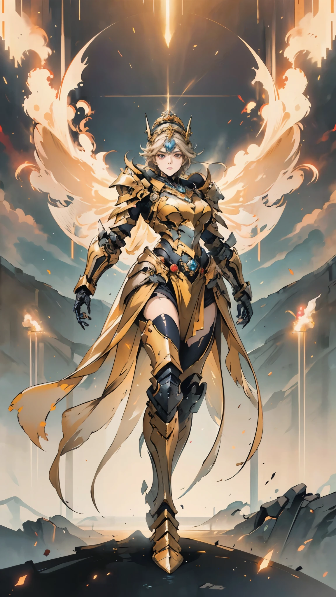 A woman adorned in fantasy-style full-body armor, a crown-concept fully enclosed helmet that unveils only her eyes, a composite layered chest plate, fully encompassing shoulder and hand guards, a lightweight waist armor, form-fitting shin guards, the overall design is heavy-duty yet flexible, ((the armor gleams with a golden glow, complemented by red and blue accents)), exhibiting a noble aura, she floats above a fantasy-surreal high-tech city, this character embodies a finely crafted fantasy-surreal style armored hero in anime style, exquisite and mature manga art style, (Queen bee mixed with Spider concept Armor, plasma, blood), ((Element, energy, elegant, goddess, femminine:1.5)), metallic, high definition, best quality, highres, ultra-detailed, ultra-fine painting, extremely delicate, professional, anatomically correct, symmetrical face, extremely detailed eyes and face, high quality eyes, creativity, RAW photo, UHD, 32k, Natural light, cinematic lighting, masterpiece-anatomy-perfect, masterpiece:1.5