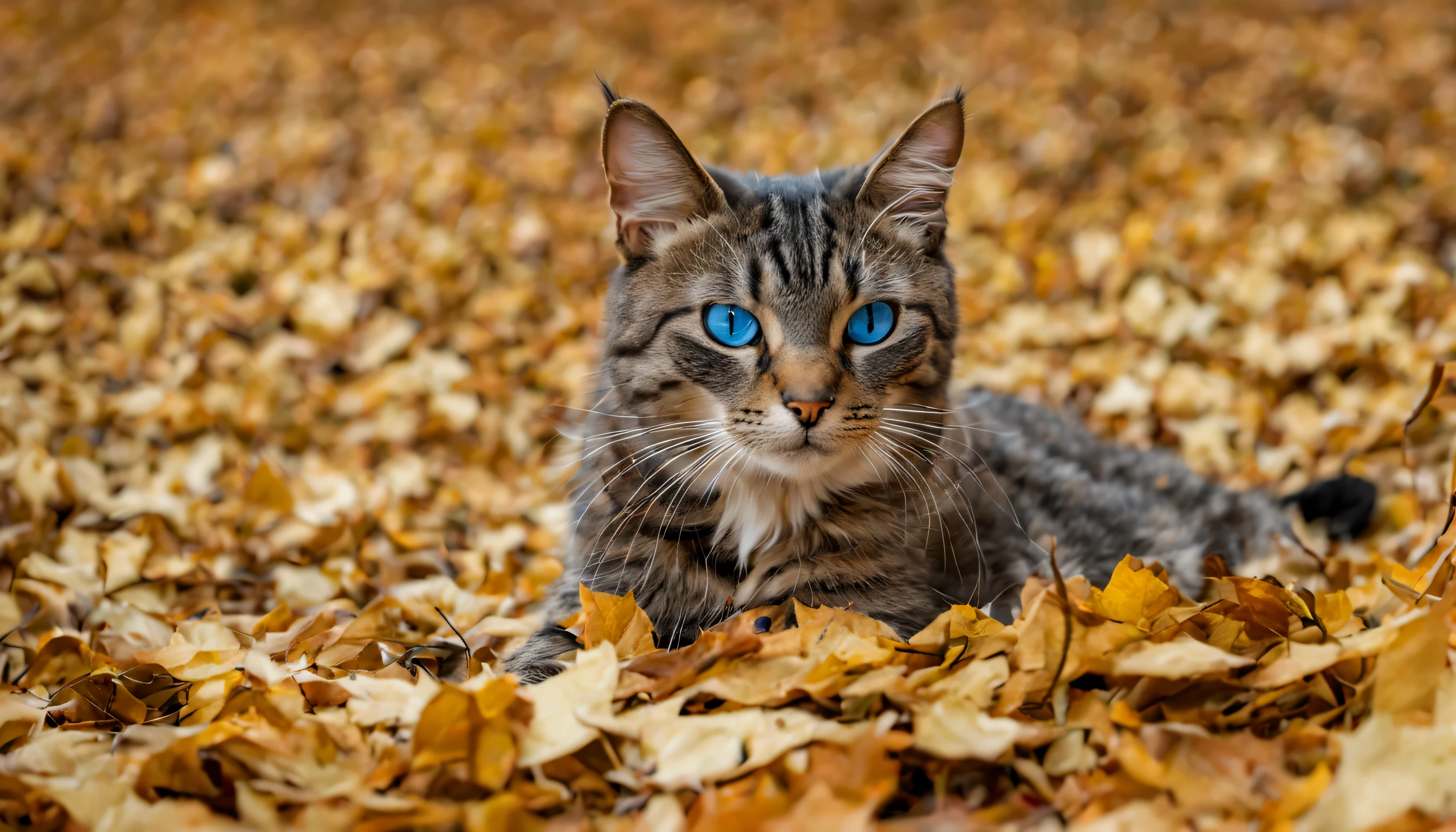 a cat with blue eyes is playing in a place full of fallen leaves, during the day, there are several trees,