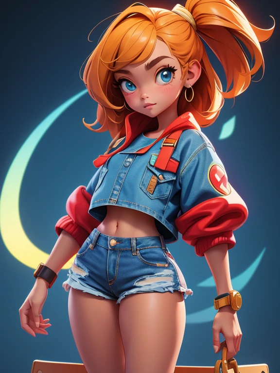 portrait, full body, oil painting style, oil painting, big anime eyes, crop top, denim shorts, very tiny shorts