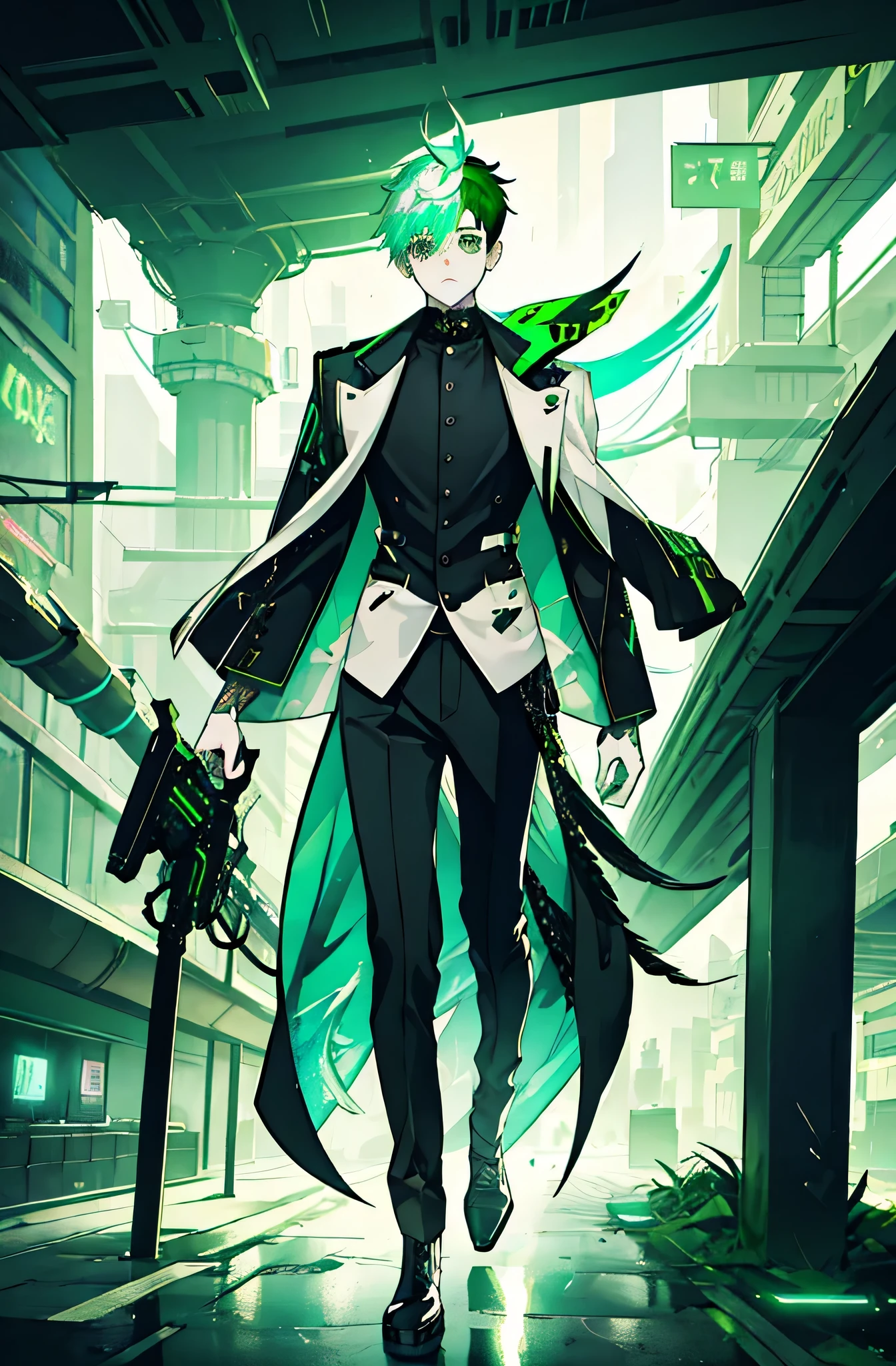 boy, white-green hair, cool black open short jacket, tattoo, messy fade cut hair, crazy, Futuristic neon night city background, Straight Front Center, photo shoot,((whole body)),