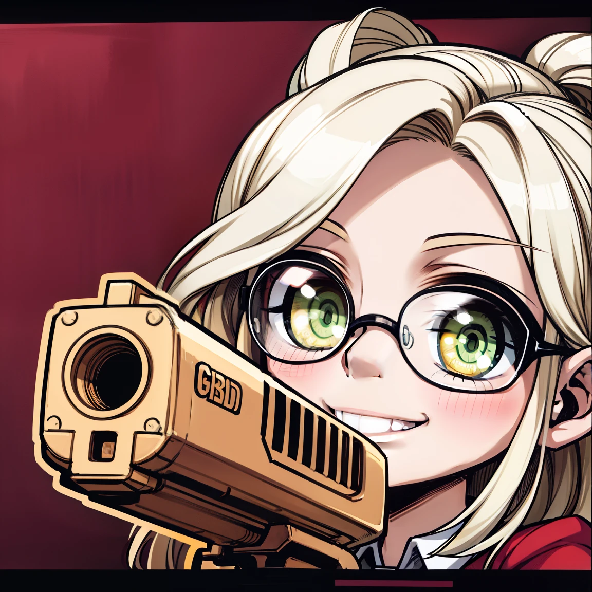 Blonde hair, (glasses), green eyes, holding gun, smiling, blush, pink bow, juicy lips