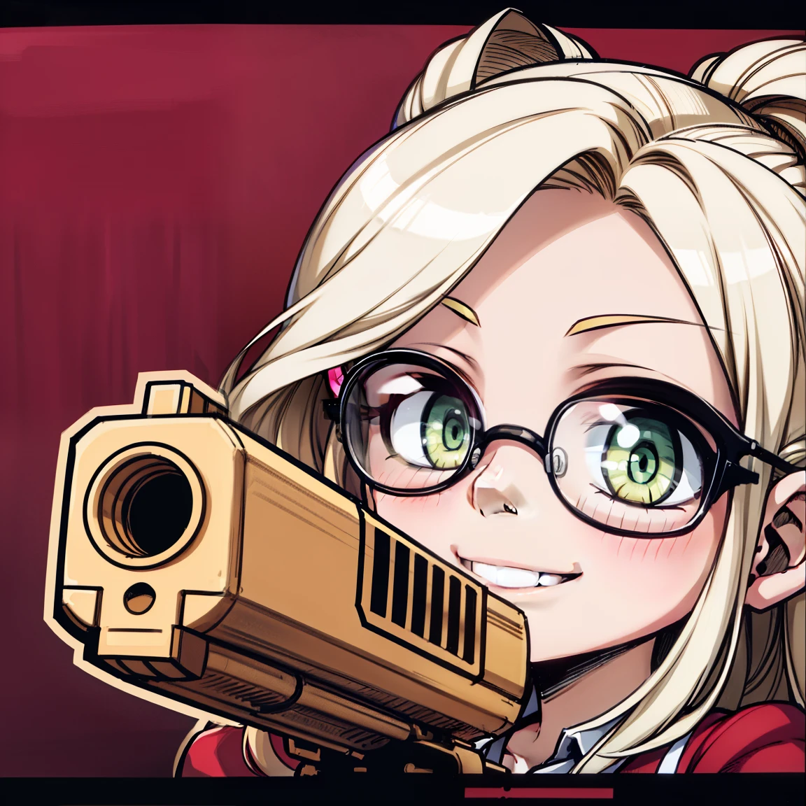 Blonde hair, (glasses), green eyes, holding gun, smiling, blush, pink bow, juicy lips