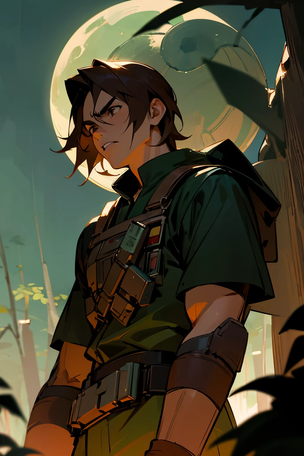 bounty hunter, star wars, forest background, moonlight, mask covering lower mouth, brown hair, black eyes, young male, angry, muscular
