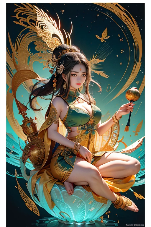 ancient chinese goddess, guanyin of the southern seas, guanyin, Inspired by India, Avalokiteşvara rides in Phoenix，,serene expressions,shui mo hua,Buddha,budista,lotuses,chinese painting style,Thangka style