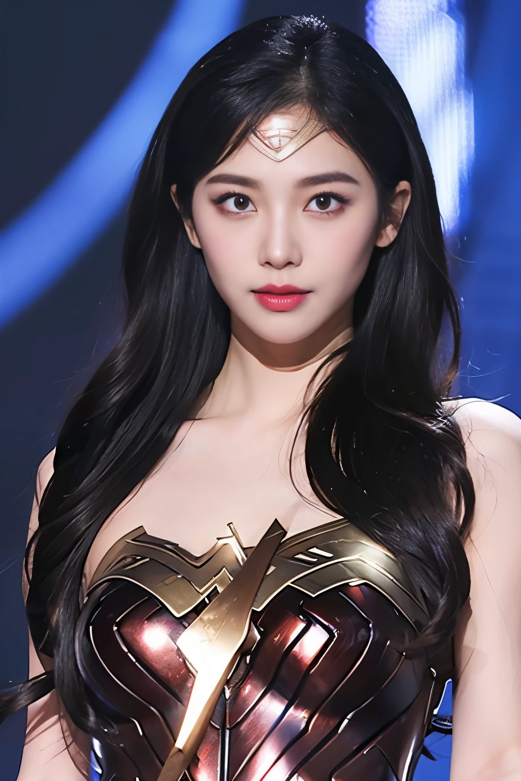 masterpiece、1 beautiful girl、fine eyes、puffy eyes、highest quality, 超High resolution, (reality: 1.4), movie lighting、Japanese、asian beauty、Korean、super beautiful、beautiful skin、body facing forward、close up of face、(超reality的な)、(High resolution)、(8k)、(very detailed)、(美しくfine eyes)、(Super detailed)、 (wall-)、detailed face、bright lighting、professional lighting、looking at the viewer、look straight ahead、slanted bangs、brown hair、Nogizaka Idol、korean idol、fiery idol pose、、25 years old、wonder woman cosplay,wonder woman tiara