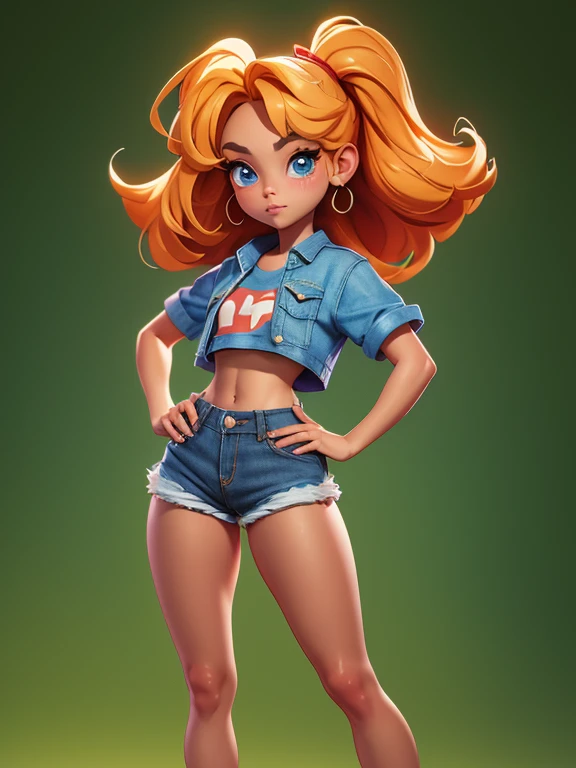 portrait, full body, oil painting style, oil painting, big anime eyes, crop top, denim shorts, very tiny shorts