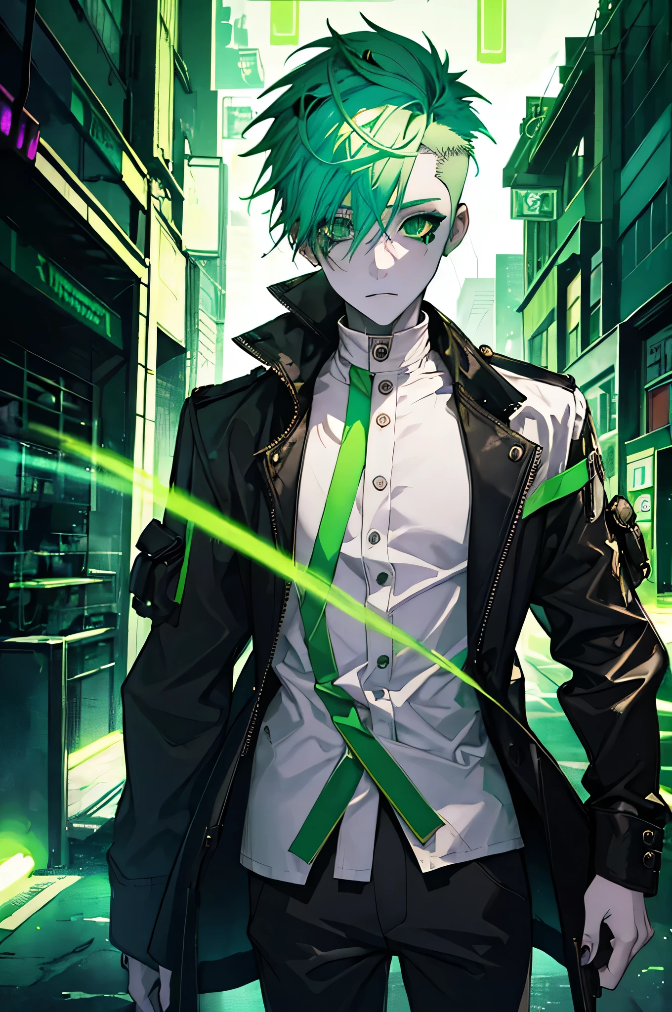 boy, white-green hair, cool black open short jacket, tattoo, messy fade cut hair, crazy, Futuristic neon night city background, Straight Front Center, photo shoot