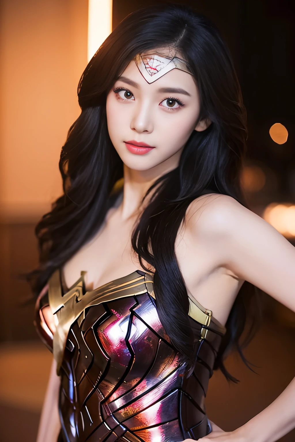 masterpiece、1 beautiful girl、fine eyes、puffy eyes、highest quality, 超High resolution, (reality: 1.4), movie lighting、Japanese、asian beauty、Korean、super beautiful、beautiful skin、body facing forward、close up of face、(超reality的な)、(High resolution)、(8k)、(very detailed)、(美しくfine eyes)、(Super detailed)、 (wall-)、detailed face、bright lighting、professional lighting、looking at the viewer、look straight ahead、slanted bangs、brown hair、Nogizaka Idol、korean idol、fiery idol pose、、25 years old、wonder woman cosplay,wonder woman tiara