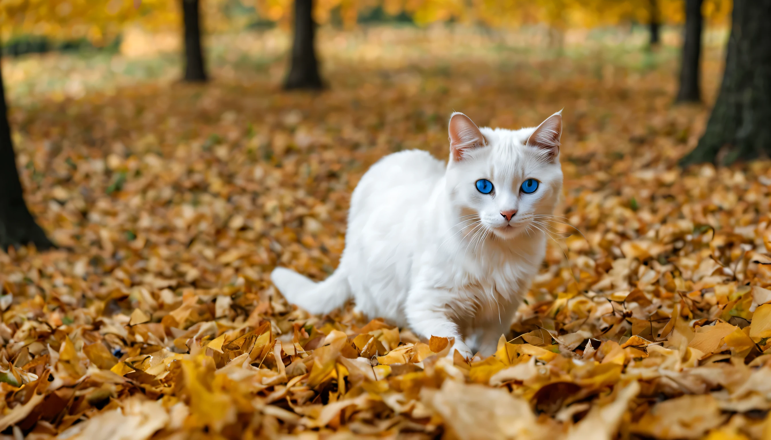 a cat with blue eyes is playing in a place full of fallen leaves, during the day, there are several trees,