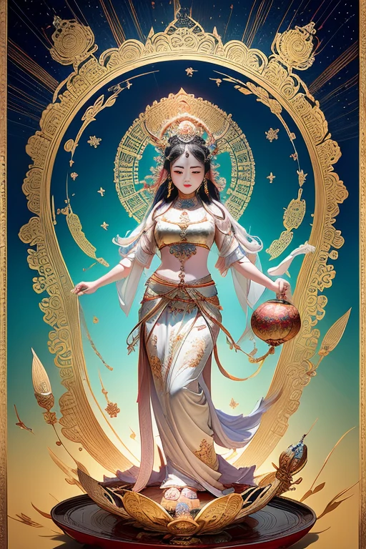 ancient chinese goddess, guanyin of the southern seas, guanyin, Inspired by India, Avalokiteşvara rides in Phoenix，,serene expressions,shui mo hua,Buddha,budista,lotuses,chinese painting style,Thangka style