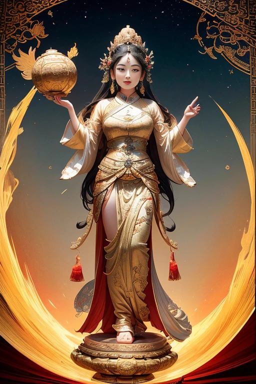 ancient chinese goddess, guanyin of the southern seas, guanyin, Inspired by India, Avalokiteşvara rides in Phoenix，,serene expressions,shui mo hua,Buddha,budista,lotuses,chinese painting style,Thangka style