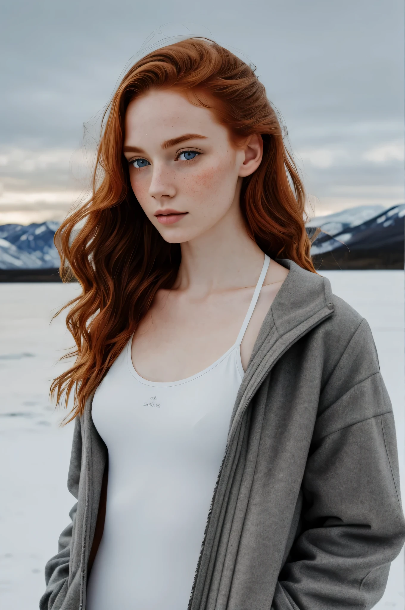 1girl in, age19 ballerina , Solo, irish redhead, wavy ginger hair, shoulder length ginger hair, gray eyes, light grey eyes, some small freckles, pale skin, A-cup, small breasts, rough skin,runners body, imperfect skin, goosebumps, wearing winter black winter jacket, snowie landscapes of iceland, perfect body, provocative,(extremely detailed 8k wallpaper) ,soft lighting, high quality, film grain, Fujifilm XT3 sharp focus, f 5.6, 24mm, High Detail, Sharp focus,(natural light), crazy details, complex details, hyperdetailed,
