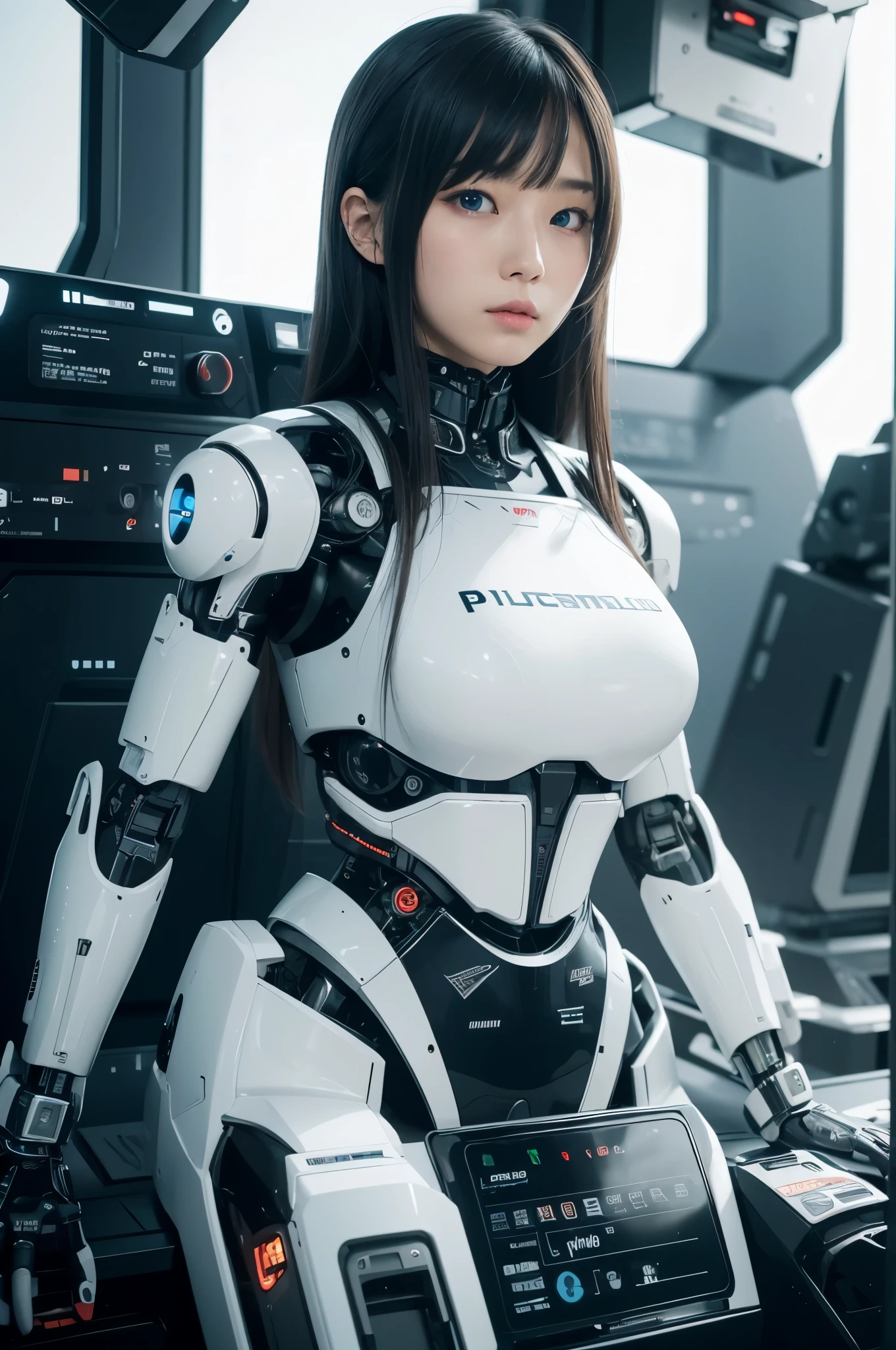 masterpiece, best quality, extremely detailed, Japaese android girl,Plump ,control panels,android,Droid,Mechanical Hand, Robot arms and legs,Blunt bangs,perfect robot girl,long tube,thick cable connected her neck,android,robot,humanoid,cyborg,japanese cyborg girl ,robot-assembly plant,She has assembled now,assembly scene,chest monitor,blue eyes