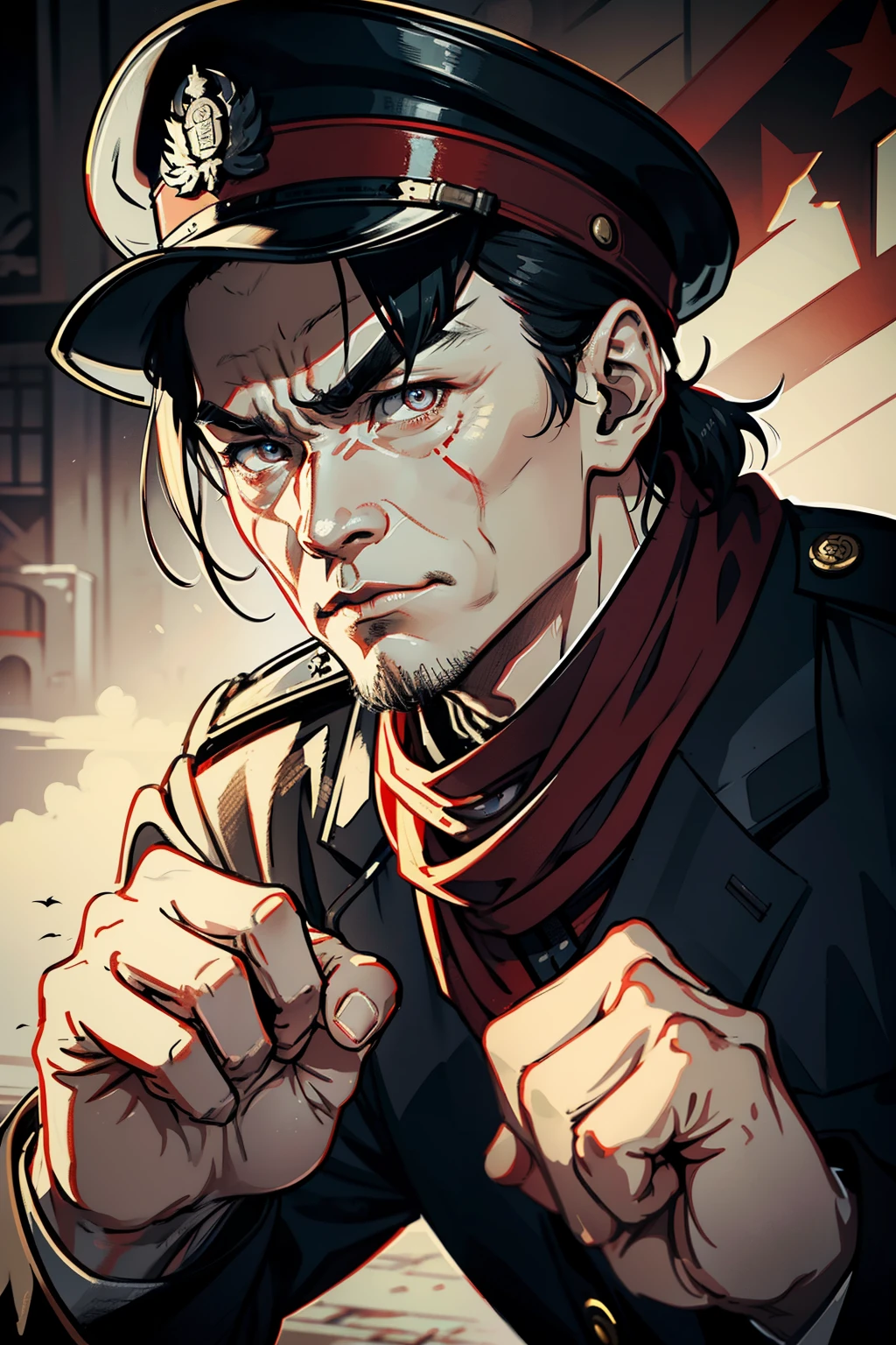 the night，Skinny middle-aged man in Chinese cloak，Slightly shorter stature，Cracking of the skin，Zombie skins，Dry and thin，The expression is fierce，bucket-hat，seen from the side，battlefiled，Fought with French soldiers，French soldiers in World War II，rifles，multiple persons，super-fine，hyper HD