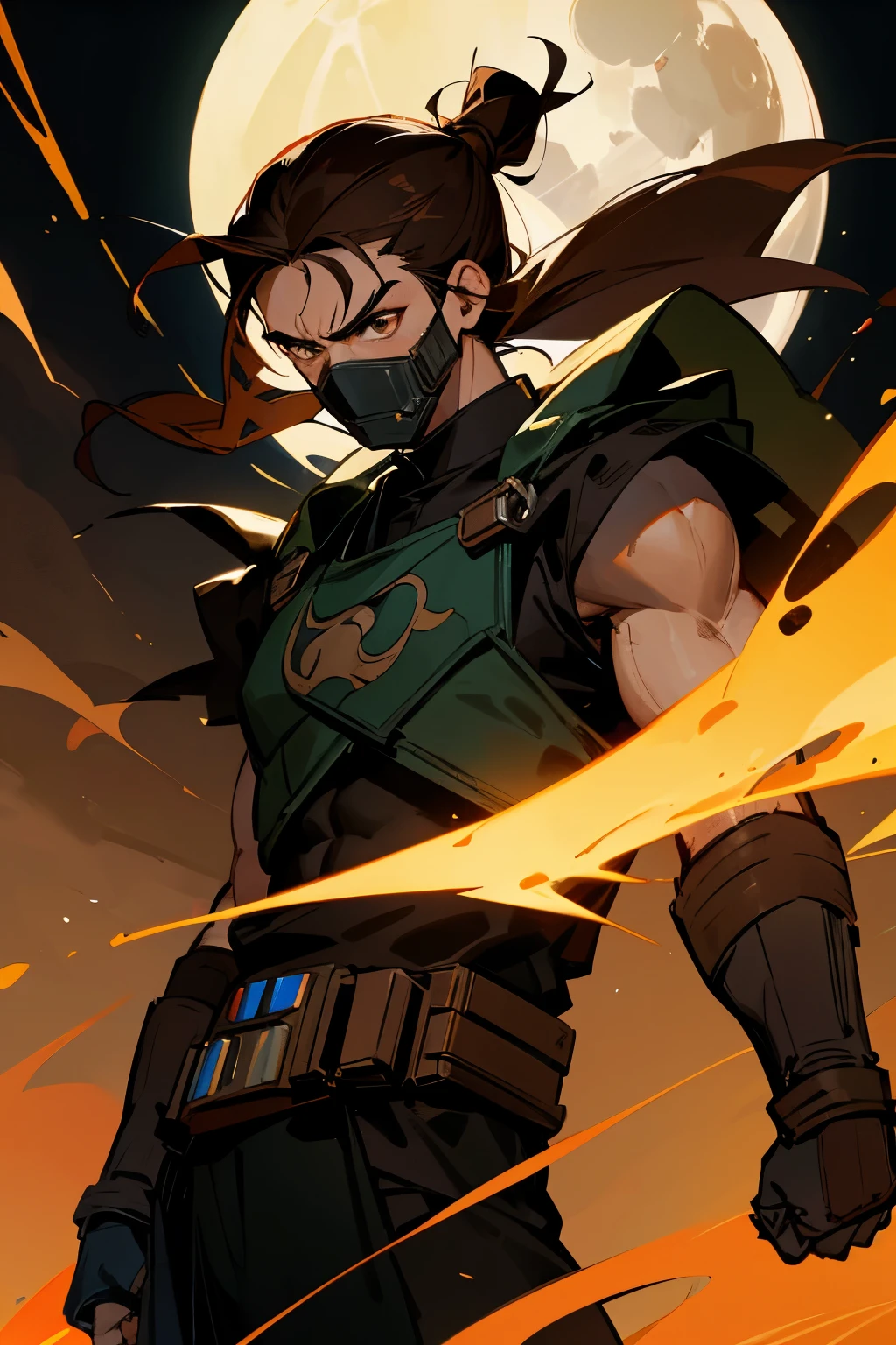 bounty hunter, star wars, dark background, moonlight, mask covering lower mouth, brown hair, hazel eyes, young male, angry, muscular, man bun