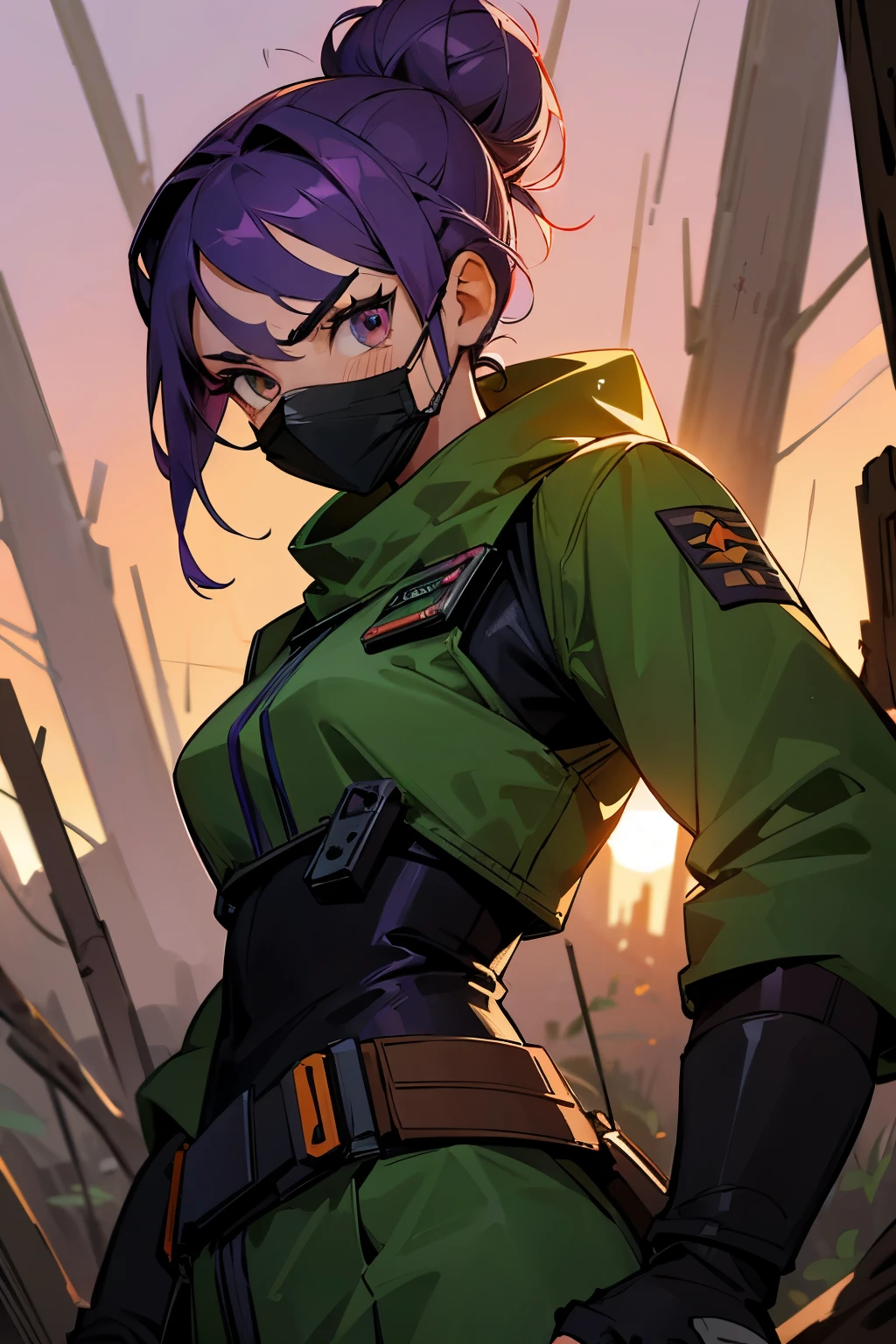 bounty hunter, star wars, forest background, sunset, mask covering lower mouth, purple hair, hazel eyes, young female, angry, muscular, hair bun