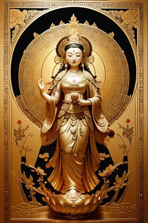 ancient chinese goddess, guanyin of the southern seas, guanyin, Inspired by India, Avalokiteşvara rides in Phoenix，,serene expressions,shui mo hua,Buddha,budista,lotuses,chinese painting style,Thangka style