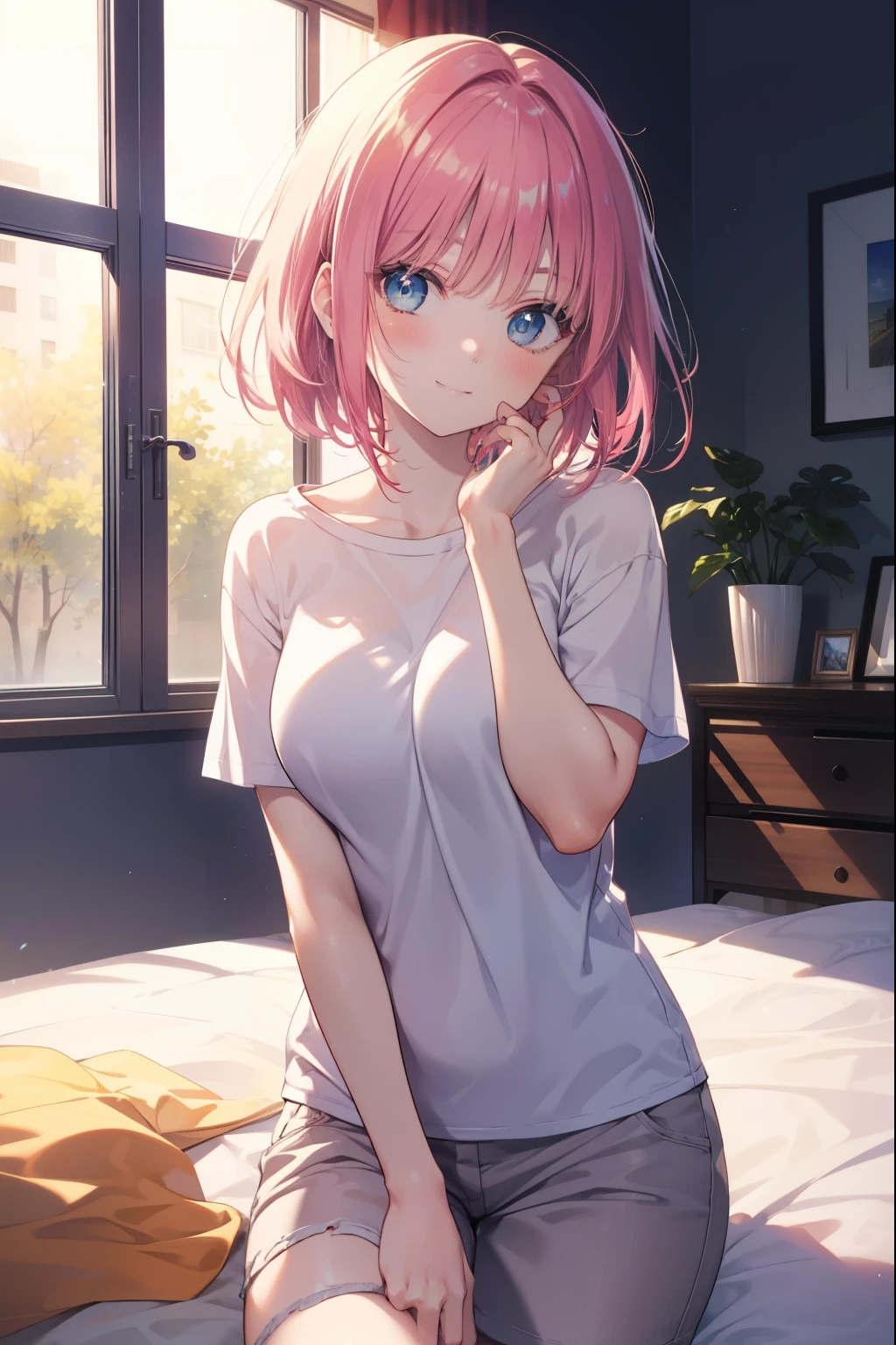 i was silent, Nino Nakano, pink hair,short hair, bangs, blue eyes, Wake up,sleepy,T-shirt,black underwear,barefoot,smile，Bedroom，light goes out， covered with a blanket， windows，ロマンチックなmorning日,morning,extreme light,sitting on the bed,
break indoors, Bedroom,
break looking at viewer, (cowboy shot:1.5),
break (masterpiece:1.2), highest quality, High resolution, unity 8k wallpaper, (shape:0.8), (fine and beautiful eyes:1.6), highly detailed face, perfect lighting, Very detailed CG, (perfect hands, perfect anatomy),