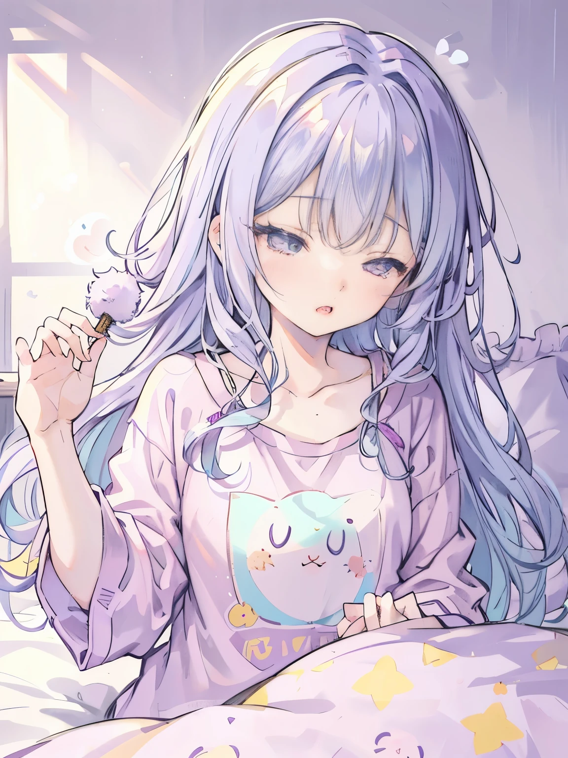 girl,pajamas,on the futon,sleepy face,((yawning sleepily:1.3)),cute,cute,fluffy hair,pastel colour,close up of face,Light purple, white, light blue and yellow,((Going to bed:1.2)),((night:1.35))