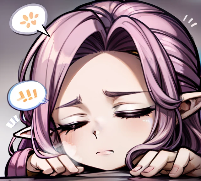 Purple hair, closed eyes, snot bubble, tired, sleeping, elf ears, ((elf ears))