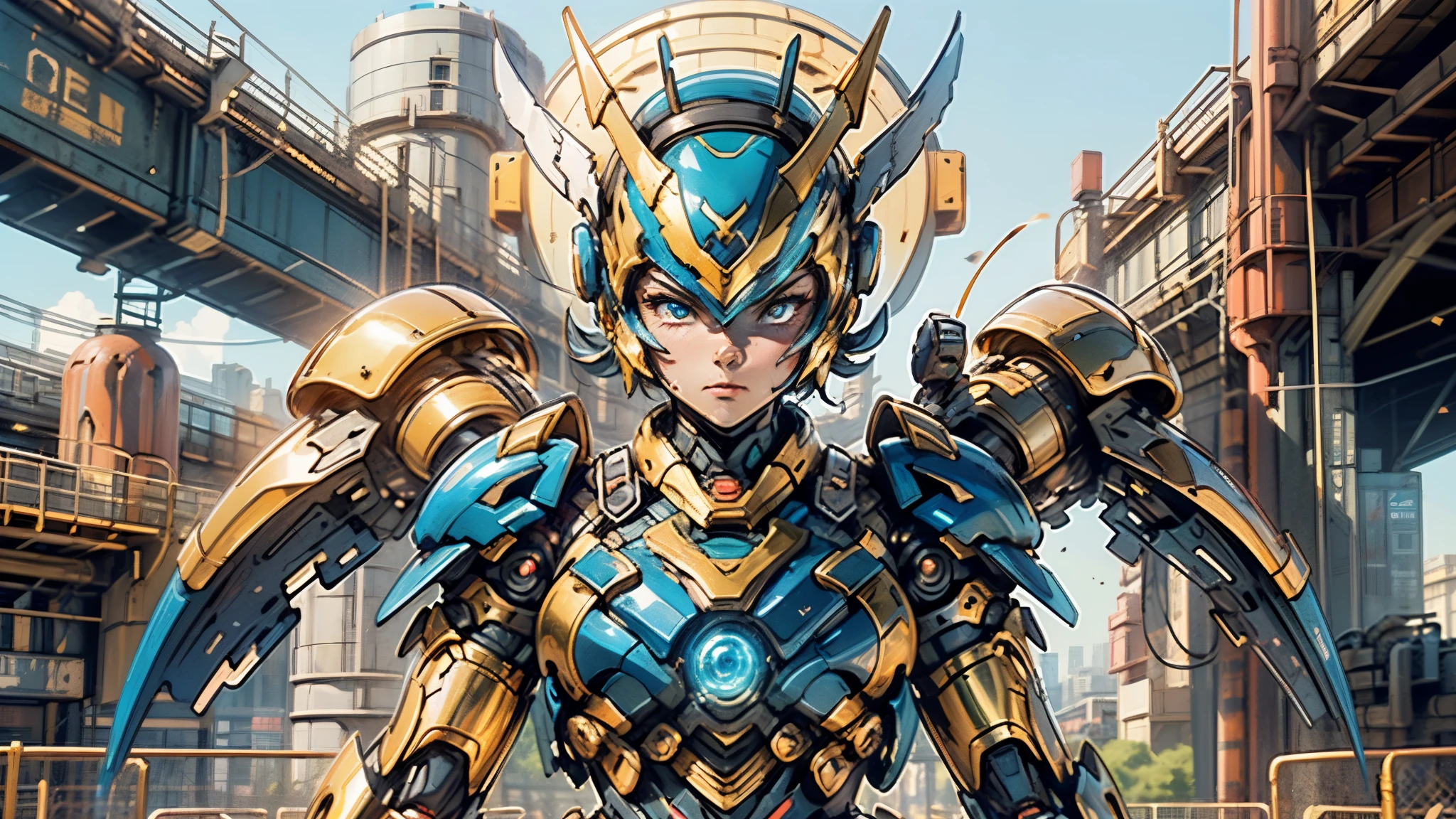 A woman adorned in fantasy-style full-body armor, a crown-concept fully enclosed helmet that unveils only her eyes, a composite layered chest plate, fully encompassing shoulder and hand guards, a lightweight waist armor, form-fitting shin guards, the overall design is heavy-duty yet flexible, ((the armor gleams with a golden glow, complemented by red and blue accents)), exhibiting a noble aura, she floats above a fantasy-surreal high-tech city, this character embodies a finely crafted fantasy-surreal style armored hero in anime style, exquisite and mature manga art style, (Queen bee mixed with Spider concept Armor, plasma, blood), ((Element, energy, elegant, goddess, femminine:1.5)), metallic, high definition, best quality, highres, ultra-detailed, ultra-fine painting, extremely delicate, professional, anatomically correct, symmetrical face, extremely detailed eyes and face, high quality eyes, creativity, RAW photo, UHD, 32k, Natural light, cinematic lighting, masterpiece-anatomy-perfect, masterpiece:1.5