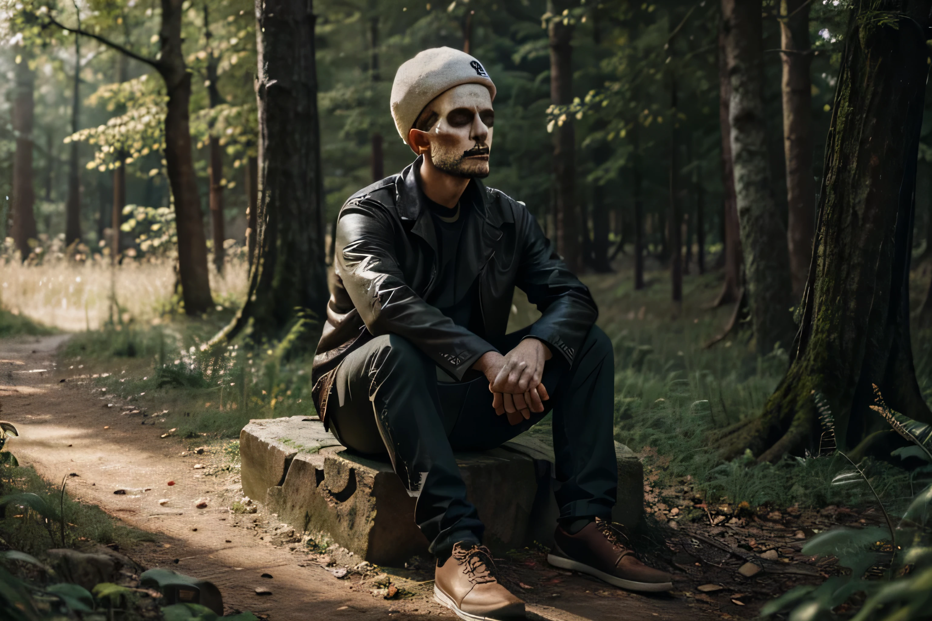 Digital painting of man with skull on his head sitting in front of forest.