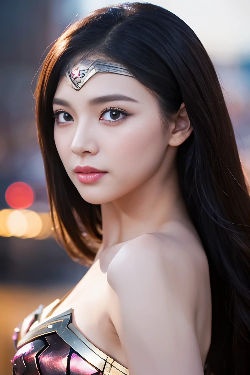 It's raining heavily,wet wonder woman、masterpiece、1 beautiful girl、fine eyes、puffy eyes、highest quality, 超High resolution, (reality: 1.4), movie lighting、Japanese、asian beauty、Korean、super beautiful、beautiful skin、body facing forward、close up of face、(超reality的な)、(High resolution)、(8k)、(very detailed)、(美しくfine eyes)、(Super detailed)、 (wall-)、detailed face、bright lighting、professional lighting、looking at the viewer、look straight ahead、slanted bangs、brown hair、Nogizaka Idol、korean idol、fiery idol pose、、25 years old、wonder woman cosplay,wonder woman tiara