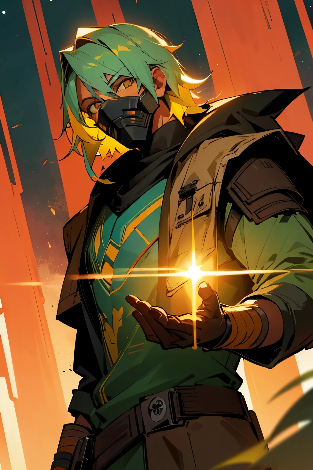 bounty hunter, star wars, forest background, sunset, mask covering lower mouth, multicolor hair, yellow eyes, young male, smirking, muscular