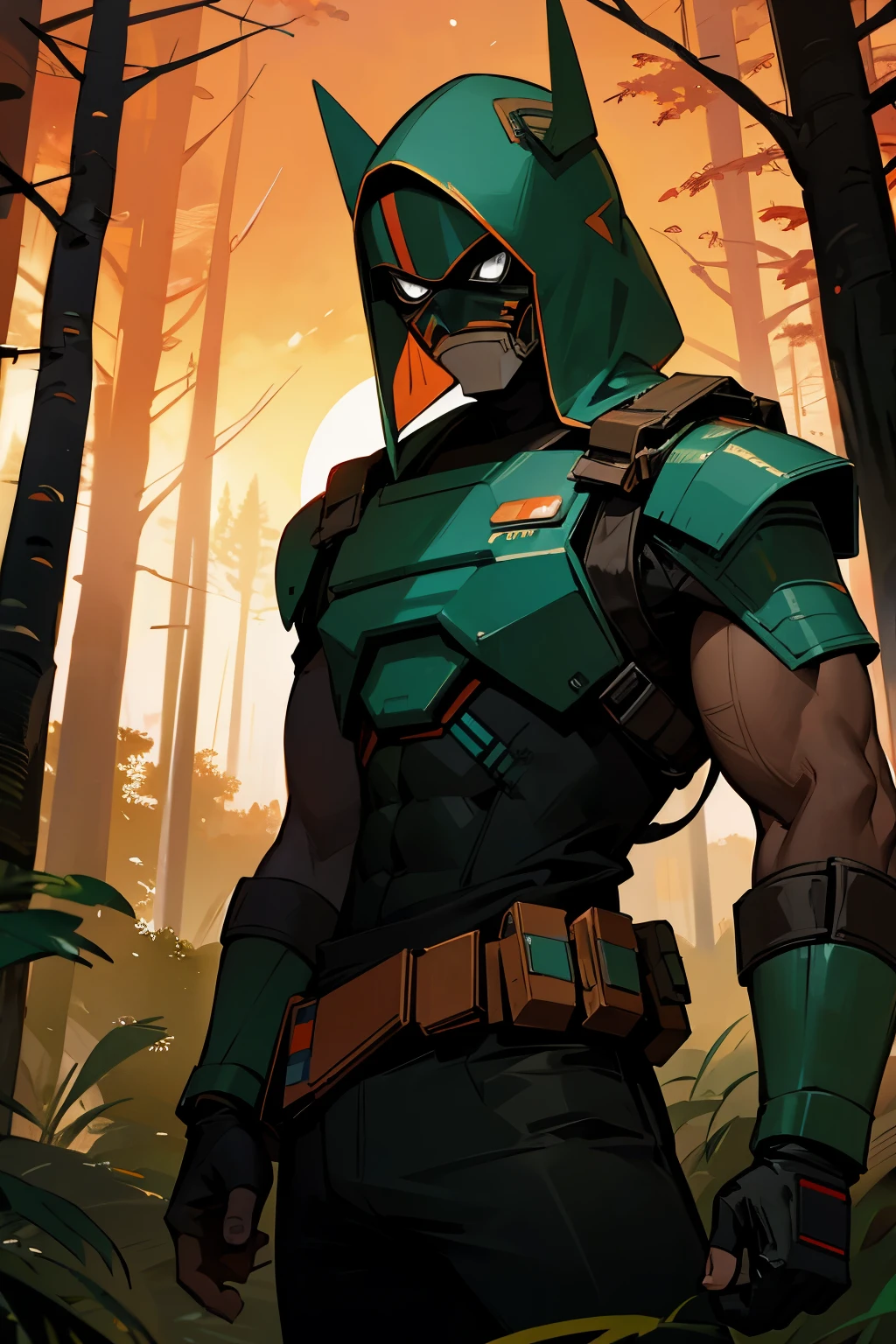 bounty hunter, star wars, forest background, sunset, mask covering lower mouth, multicolor hair, black eyes, young male, smirking, muscular