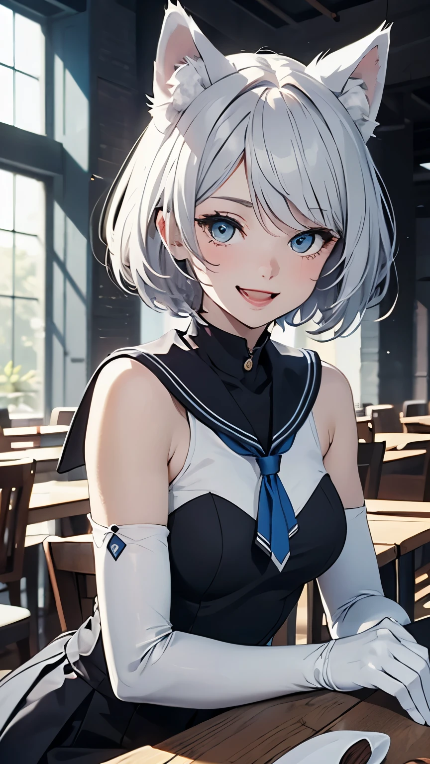 table top　High level image quality　best image quality　8k　 adult woman　portrait　white long gloves（elbow gloves）　white pantyhose　sailor suit（Sleeveless mini skirt　white wolf ears　short hair（（shortcut）（gray hair）（perm）（fluffy））　eye color is blue　fascinating face（（laughter）（smile）（open your mouth））　beautiful feet
