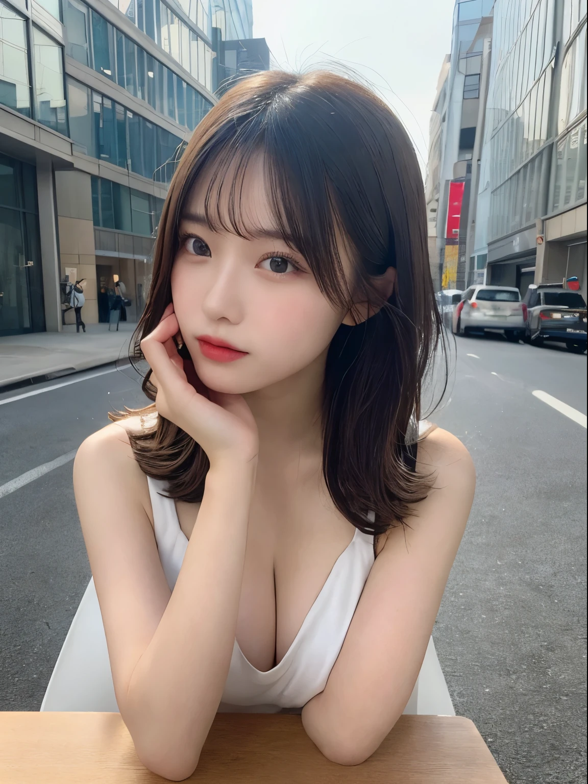 finely, High resolution, high quality、完璧なダイナミックな構figure, detailed and beautiful eyes, medium hair, huge tit、natural color lip,Kamimei、Shibuya Ward、20 year old girl、1 person、transparent skin、shining hair、table top, 最high quality, figure, super detailed, finely, High resolution, 8k、correct state of the human body、random pose、、sculpture model pose，hair blowing in the wind　（Naked 2.0）