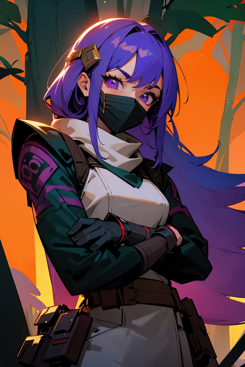 bounty hunter, star wars, forest background, sunset, mask covering lower mouth, multicolor hair, purple eyes, young female, smirking, muscular