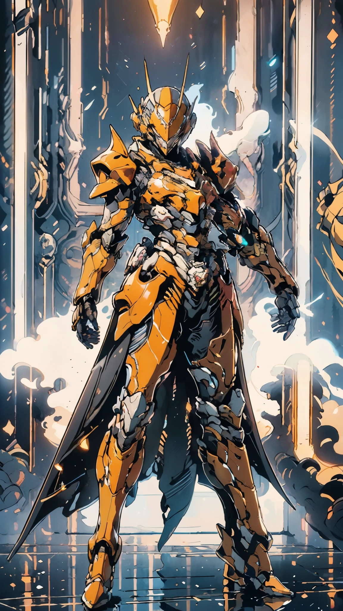 A woman adorned in fantasy-style full-body armor, a crown-concept fully enclosed helmet that unveils only her eyes, a composite layered chest plate, fully encompassing shoulder and hand guards, a lightweight waist armor, form-fitting shin guards, the overall design is heavy-duty yet flexible, ((the armor gleams with a golden glow, complemented by red and blue accents)), exhibiting a noble aura, she floats above a fantasy-surreal high-tech city, this character embodies a finely crafted fantasy-surreal style armored hero in anime style, exquisite and mature manga art style, (Queen bee mixed with Spider concept Armor, plasma, blood), ((Element, energy, elegant, goddess, femminine:1.5)), metallic, high definition, best quality, highres, ultra-detailed, ultra-fine painting, extremely delicate, professional, anatomically correct, symmetrical face, extremely detailed eyes and face, high quality eyes, creativity, RAW photo, UHD, 32k, Natural light, cinematic lighting, masterpiece-anatomy-perfect, masterpiece:1.5