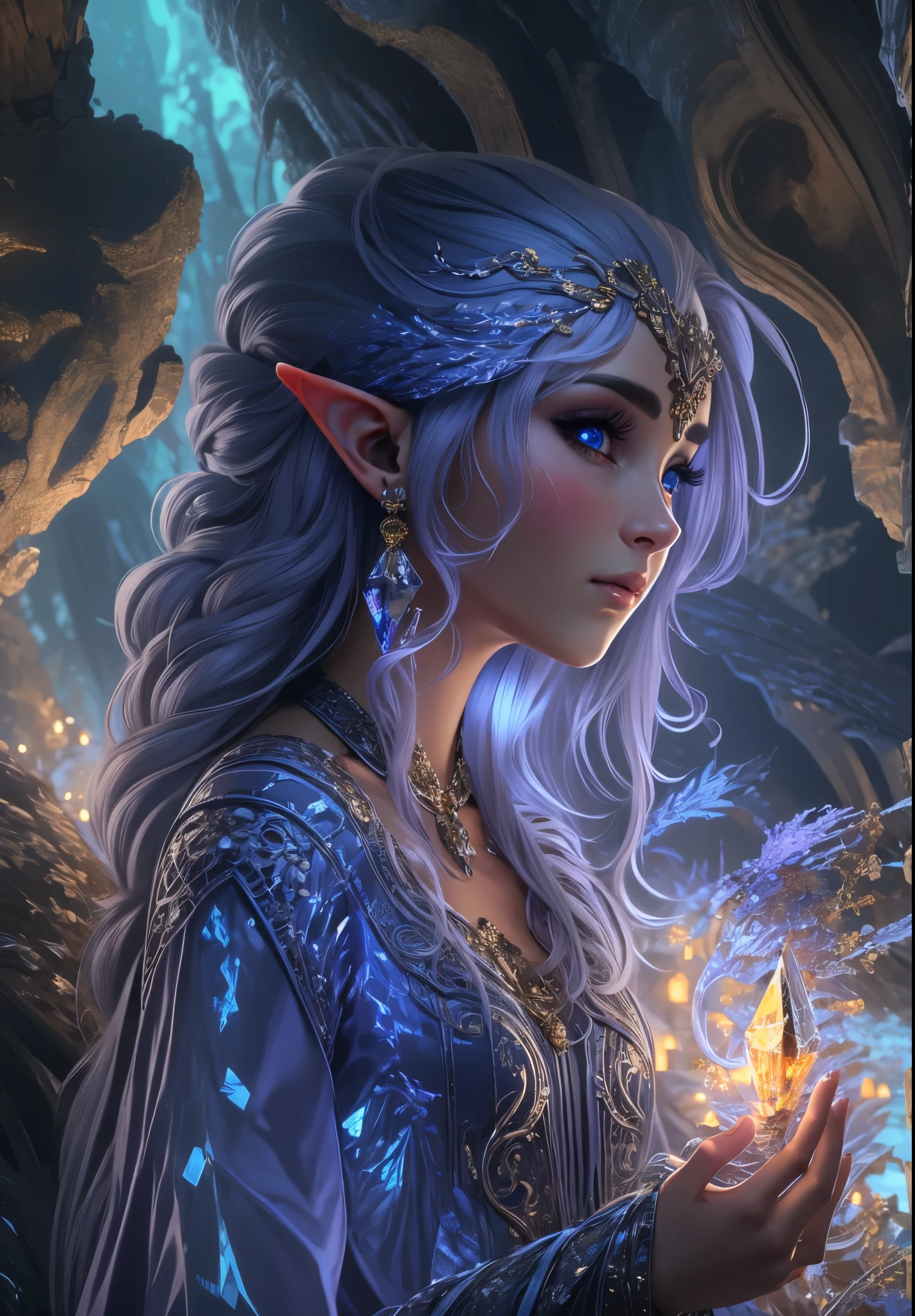 Beautiful, Detailed, Masterpeice, Desktop, 8k, 4k, Caverns, Crystalined, Crystal Elf, Woman, Ocean Eyes, Fantastical, Amazing Quality, Illuminated Lighting,
