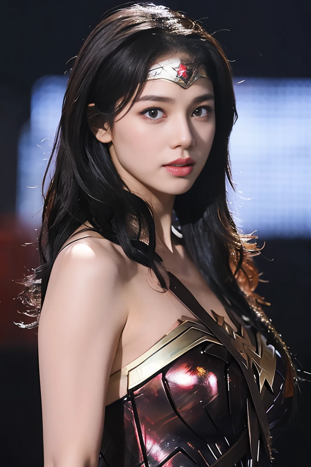 It's raining heavily,wet wonder woman、drenched wonder woman,wet hair,masterpiece、1 beautiful girl、fine eyes、puffy eyes、highest quality, 超High resolution, (reality: 1.4), movie lighting、Japanese、asian beauty、Korean、super beautiful、beautiful skin、body facing forward、close up of face、(超reality的な)、(High resolution)、(8k)、(very detailed)、(美しくfine eyes)、(Super detailed)、 (wall-)、detailed face、bright lighting、professional lighting、looking at the viewer、look straight ahead、slanted bangs、brown hair、Nogizaka Idol、korean idol、fiery idol pose、、25 years old、wonder woman cosplay,wonder woman tiara