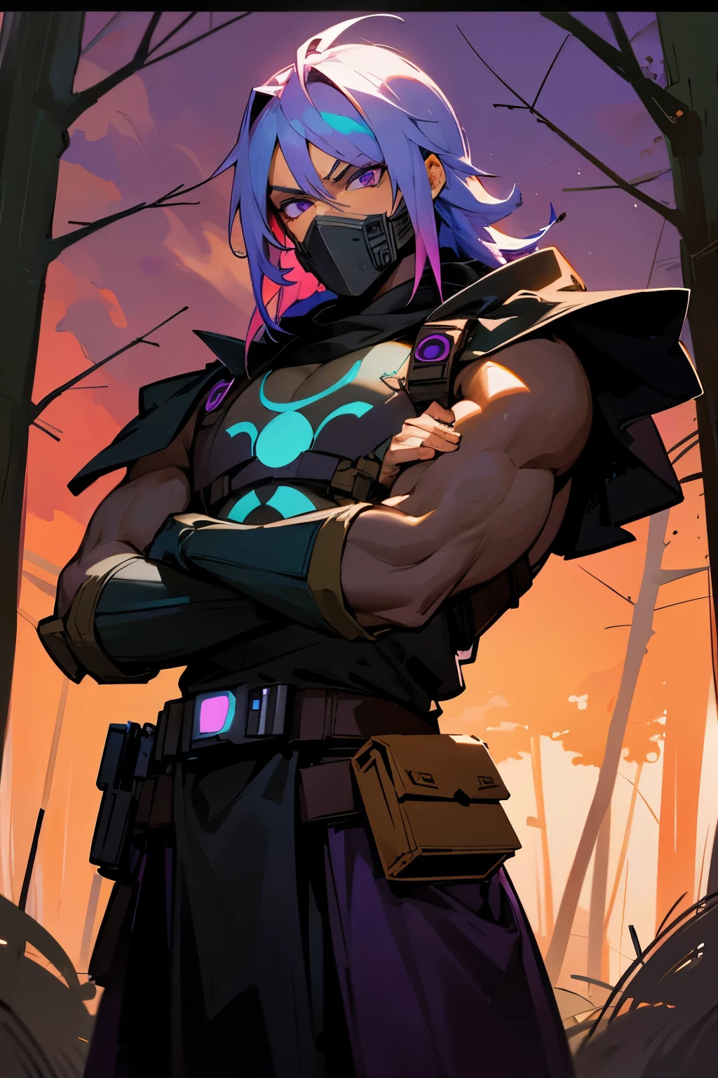 bounty hunter, star wars, forest background, sunset, mask covering lower mouth, multicolor hair, purple eyes, young male, smirking, muscular