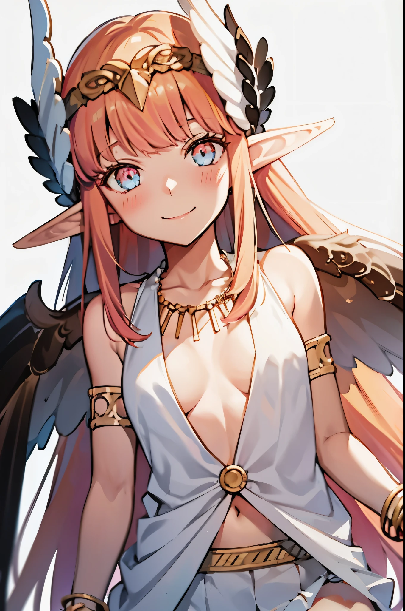 best quality, artwork, tall, alone, {Circe_fgo:1.15}, pointed_ears, pink_hair, blonde locks, head_wings, wings, bangs, feminized_wings, long_hair, jewelry, smile, breasts, necklace, blush, small_breasts, multicolored_eye, 1 girl , bracelet, looking_at_viewer, blue_eye, white_backstory, tiara, roman love, roman helmet