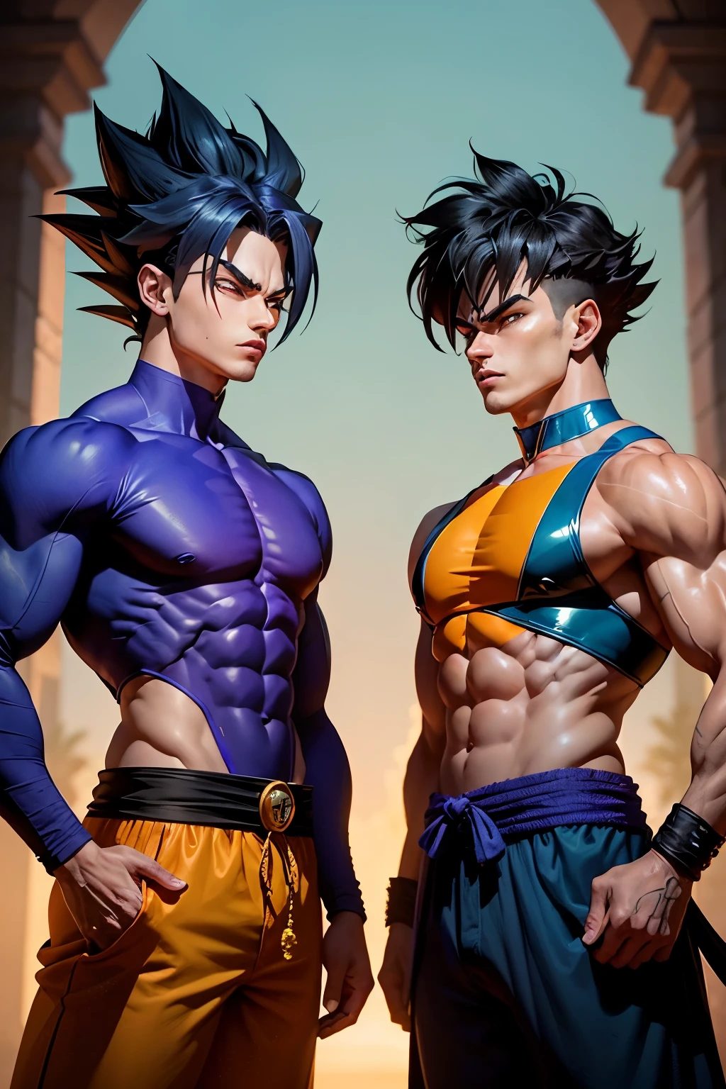In the realm of extraordinary beings, two iconic figures face off against each other: Jojo Bizarre from the Jojo's Bizarre Adventure series and Goku from Dragon Ball Z.
Jojo Bizarre, a young man with quirky fashion sense, dons his signature purple gear and eccentric hairstyle. His piercing blue eyes radiate determination, while his smirk reveals a sense of mischief.
Goku, a muscular Saiyan warrior, stands tall with his imposing stature and bright orange gi. His stern gaze conveys an unwavering resolve, as his powerful aura surrounds him.
Both warriors prepare to engage in an epic battle