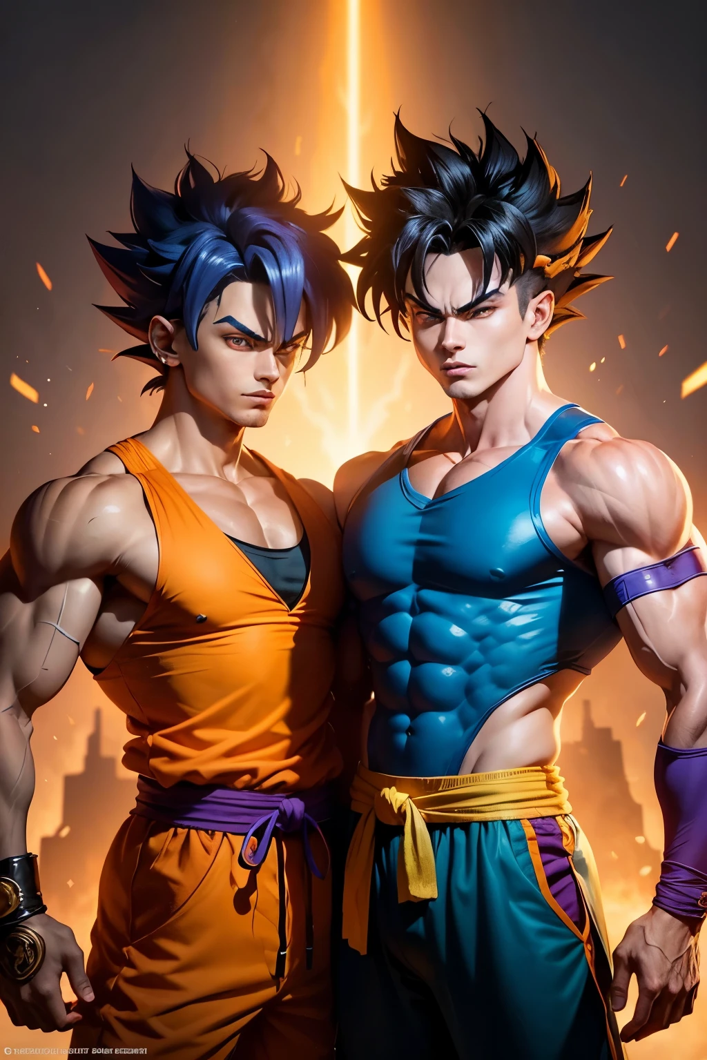 In the realm of extraordinary beings, two iconic figures face off against each other: Jojo Bizarre from the Jojo's Bizarre Adventure series and Goku from Dragon Ball Z.
Jojo Bizarre, a young man with quirky fashion sense, dons his signature purple gear and eccentric hairstyle. His piercing blue eyes radiate determination, while his smirk reveals a sense of mischief.
Goku, a muscular Saiyan warrior, stands tall with his imposing stature and bright orange gi. His stern gaze conveys an unwavering resolve, as his powerful aura surrounds him.
Both warriors prepare to engage in an epic battle
