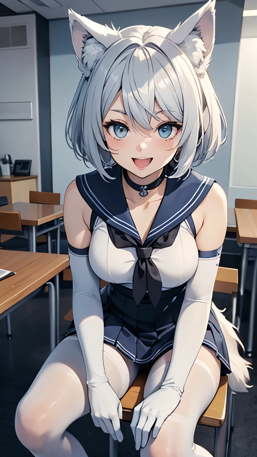 table top High level image quality best image quality 8k adult woman portrait white long gloves(elbow gloves) white pantyhose sailor suit(Sleeveless mini skirt white wolf ears short hair((shortcut)(gray hair)(perm)(fluffy)) eye color is blue fascinating face((laughter)(smile)(open your mouth)) beautiful feet sit on a chair view from below