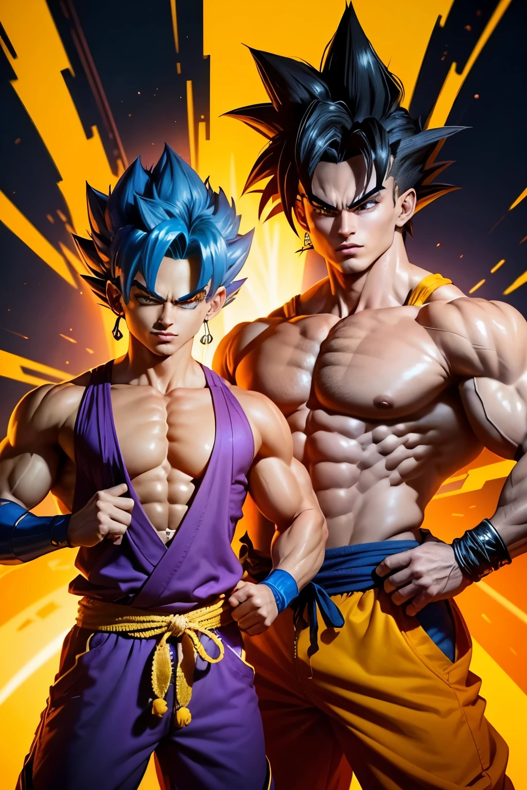 In the realm of extraordinary beings, two iconic figures face off against each other: Jojo Bizarre from the Jojo's Bizarre Adventure series and Goku from Dragon Ball Z.
Jojo Bizarre, a young man with quirky fashion sense, dons his signature purple gear and eccentric hairstyle. His piercing blue eyes radiate determination, while his smirk reveals a sense of mischief.
Goku, a muscular Saiyan warrior, stands tall with his imposing stature and bright orange gi. His stern gaze conveys an unwavering resolve, as his powerful aura surrounds him.
Both warriors prepare to engage in an epic battle