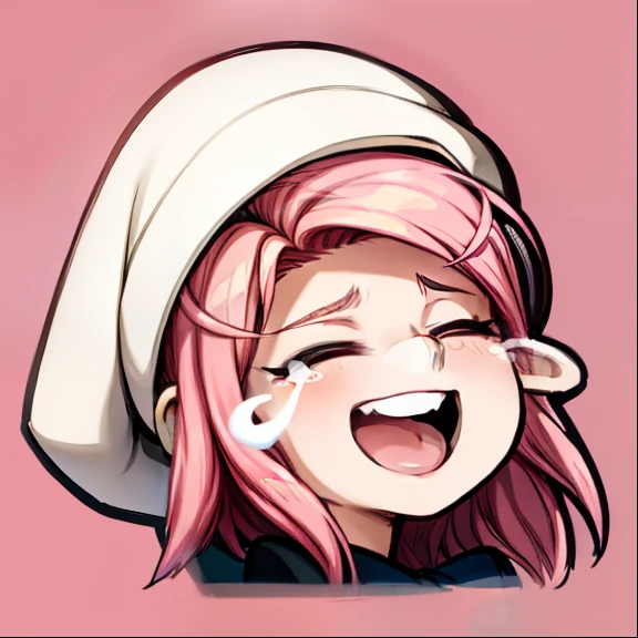 Short pink hair, laughing, tears in eyes, smile, happy
