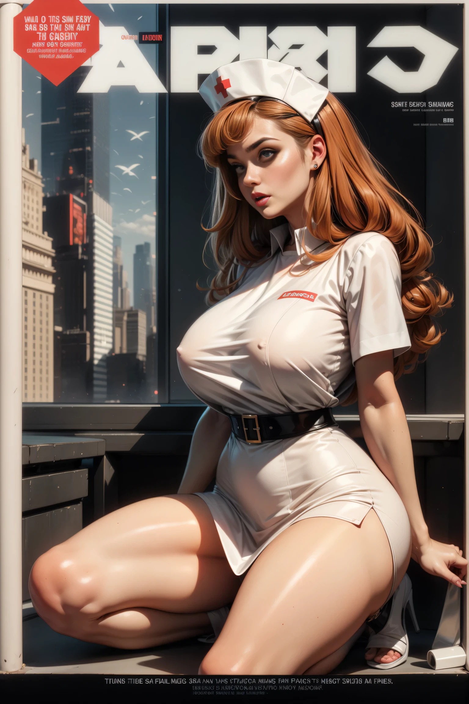 (Masterpiece, Best Quality), 8k Wallpaper, highly detailed, poster, vintage sci-fi film, 1960s, a magazine cover with sexy giant nurse towering over a tiny city, a portrait by Paul Kane, cinematic movie poster, perfect face, Orange hair, Attack of the 50 foot woman, giant woman, tiny city, lines, abstract, mid century modern, movie poster, vintage, white nurse uniform, stiletto high heel shoes, tiny destroyed skyscrapers city, retrofuturism, pulp sci fi, pulp sci-fi, 60's pulp illustration, scifi pulp, pulp book cover art, pulp scifi, old retro pulp comic cover, pulp science fiction, pulp scifi illustration, vintage scifi, skyscrapers sized under her knee