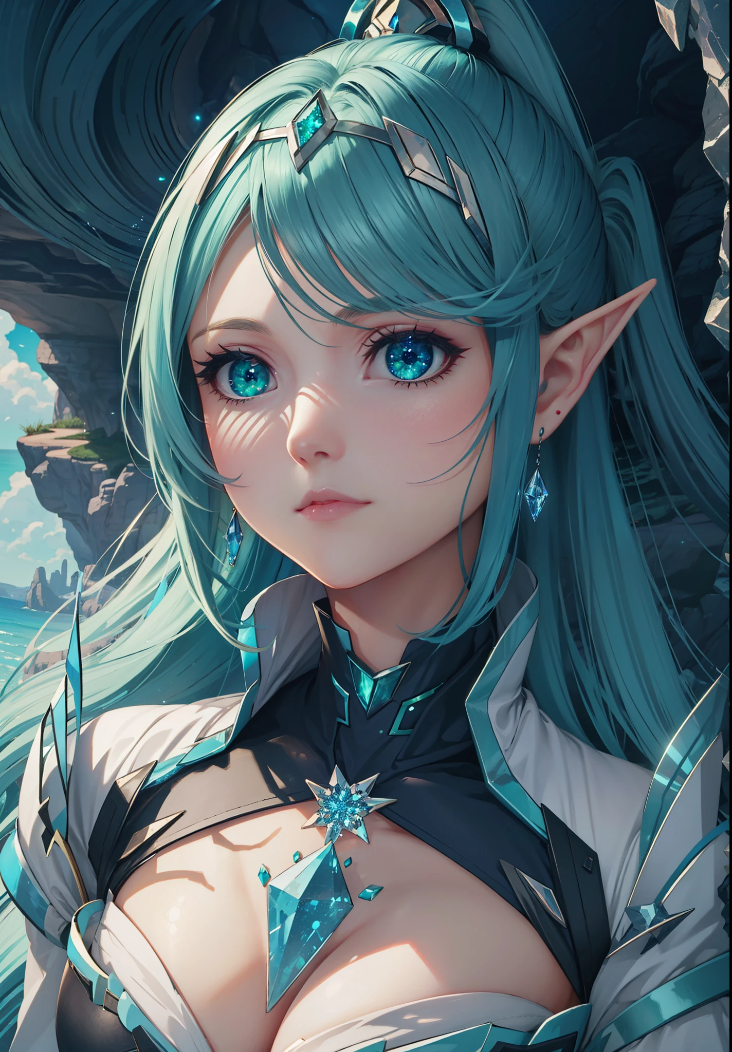 Beautiful, Detailed, Masterpeice, Desktop, 8k, 4k, Caverns, Crystalined, Crystal Elf, Woman, Ocean Eyes, Fantastical, Amazing Quality, Illuminated Lighting,