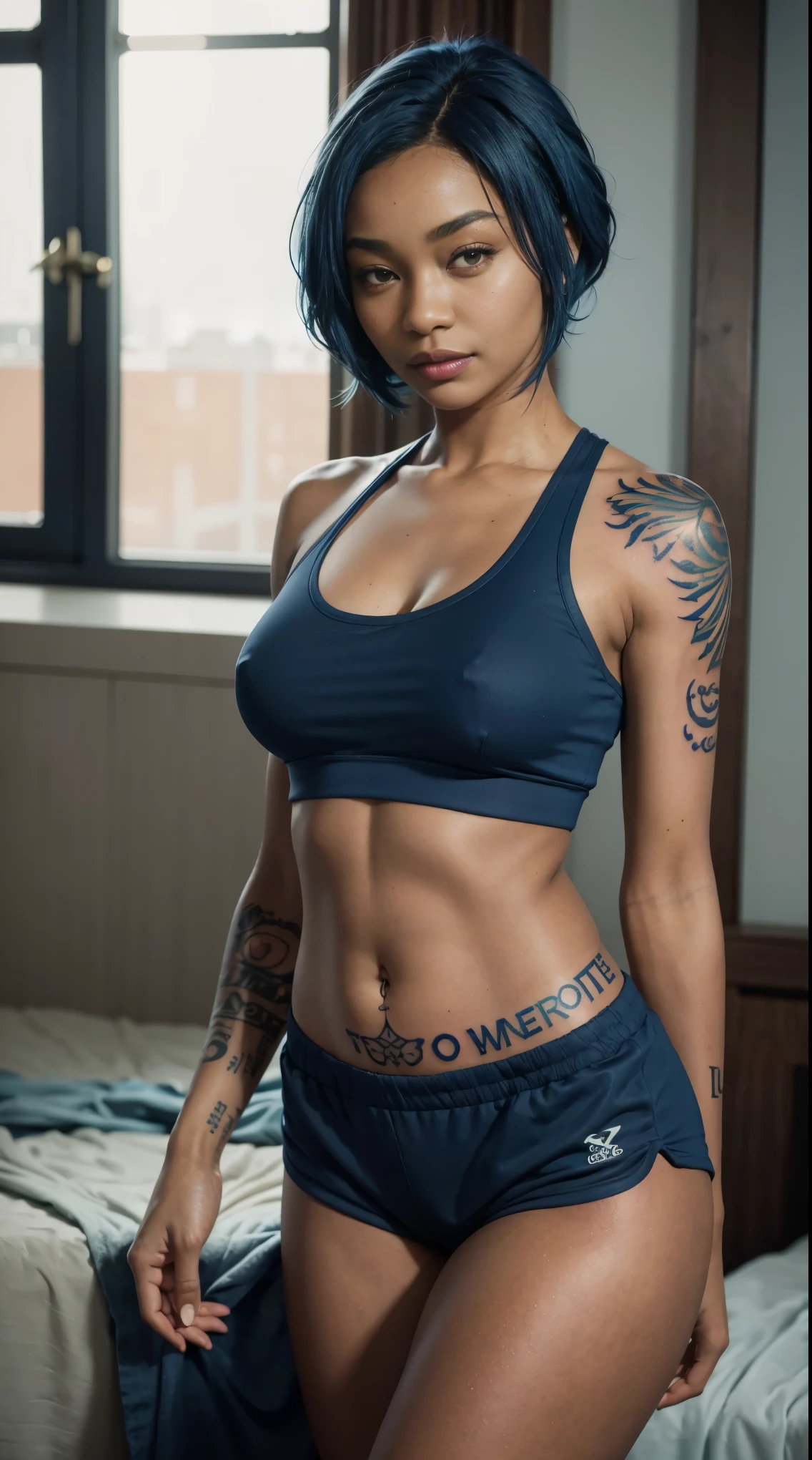 50 years old, gorgeous cute African girl, Lewd smile, freckles, (dark skin:1.5), (Gigi Hadid:1.1), (medium blue hair:1.5), leogirl, (lora:leslie_v02:0.8),leslie_dd,mature woman,(masterpiece, best quality:1.2),detailed,detailed hair,soft skin,1girl,standing,very dark brown hair,mature female,blush,smile,narrow waist,muted teal sports bra and mini gym shorts with gold trim,zipper in front sports bra,sideboob,((hands behind back)),hidden hands,visible navel,skindentation,(glossy skin),lustrous skin,face skin pores,skin pores,shiny skin,(detailed, cinematic),(bright),volumetric lighting,ambient soft lighting,(lora:add_detail:0.5),(lora:tighttops4-10:0.8), tighttops, famous beautiful model, good young girl, (masterpiece:1.0),(best_quality:1.0), ultra high res,4K,ultra-detailed, photography, 8K, HDR, highres, absurdres:1.2, Kodak portra 400, blurry background, bokeh, lens flare, (vibrant_color:1.2),professional photograph, (the_tattoo:1.4), (beautiful_face:1.5),(narrow_waist). --v 6