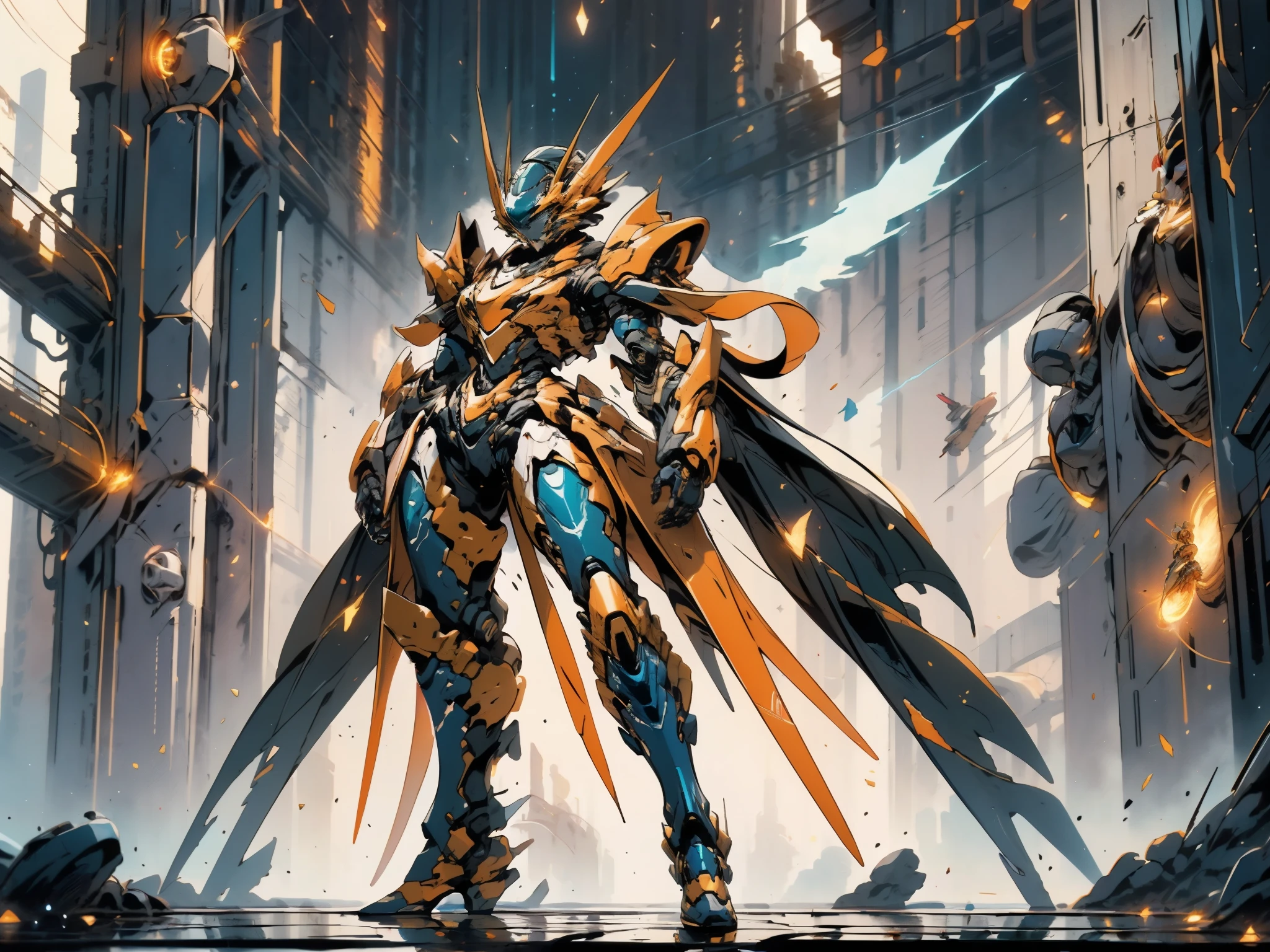 A woman adorned in fantasy-style full-body armor, a crown-concept fully enclosed helmet that unveils only her eyes, a composite layered chest plate, fully encompassing shoulder and hand guards, a lightweight waist armor, form-fitting shin guards, the overall design is heavy-duty yet flexible, ((the armor gleams with a golden glow, complemented by red and blue accents)), exhibiting a noble aura, she floats above a fantasy-surreal high-tech city, this character embodies a finely crafted fantasy-surreal style armored hero in anime style, exquisite and mature manga art style, (Queen bee mixed with Spider concept Armor, plasma, blood), ((Element, energy, elegant, goddess, femminine:1.5)), metallic, high definition, best quality, highres, ultra-detailed, ultra-fine painting, extremely delicate, professional, anatomically correct, symmetrical face, extremely detailed eyes and face, high quality eyes, creativity, RAW photo, UHD, 32k, Natural light, cinematic lighting, masterpiece-anatomy-perfect, masterpiece:1.5