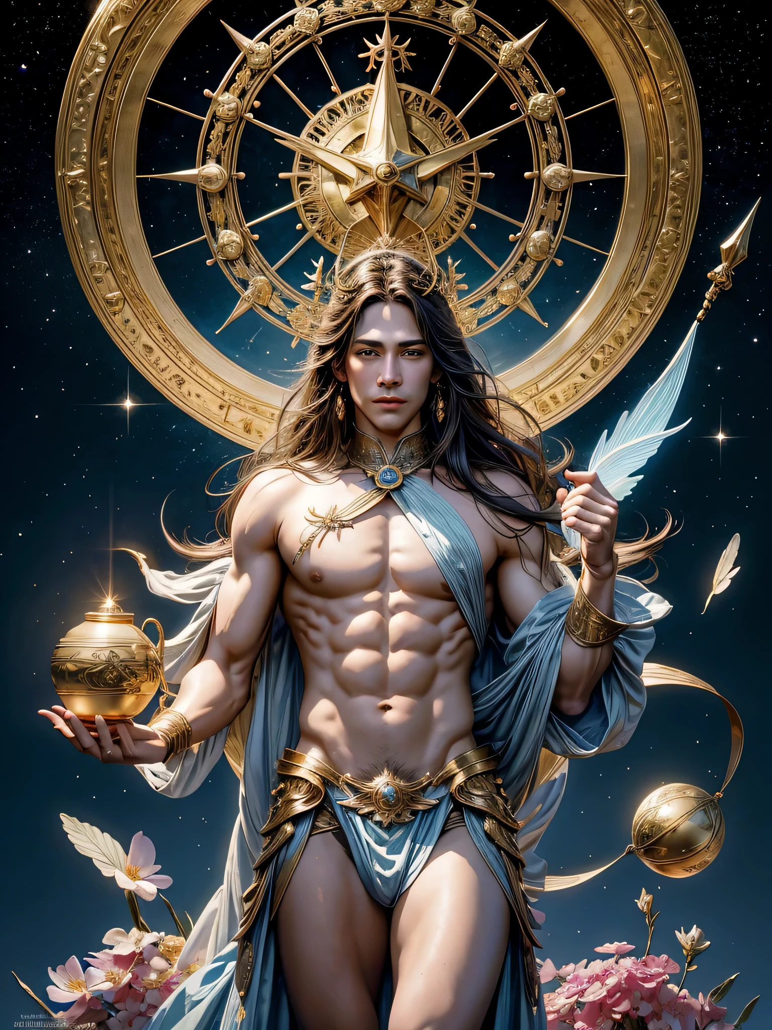 (photorealistic, masterpiece, detailed face, best quality, highres, 4k), Fantasy art style, imagine the astrological sign of Libra the harmonious scales brought to life through a mesmerizing male model embodying elegance and balance. Picture him standing on a celestial platform suspended in the heavens, surrounded by floating ethereal clouds. His appearance is adorned with scantily clad golden armor, skimpy and sexy, symbolizing the harmonious equilibrium Libra seeks. As he gracefully holds a pair of balance scales, delicately balancing vibrant blossoms on each side, the scene exudes a serene and enchanting atmosphere. Let the shimmering moonlight cast a gentle glow, emphasizing the model’s serene expression and emphasizing Libra’s affinity for beauty and fairness.