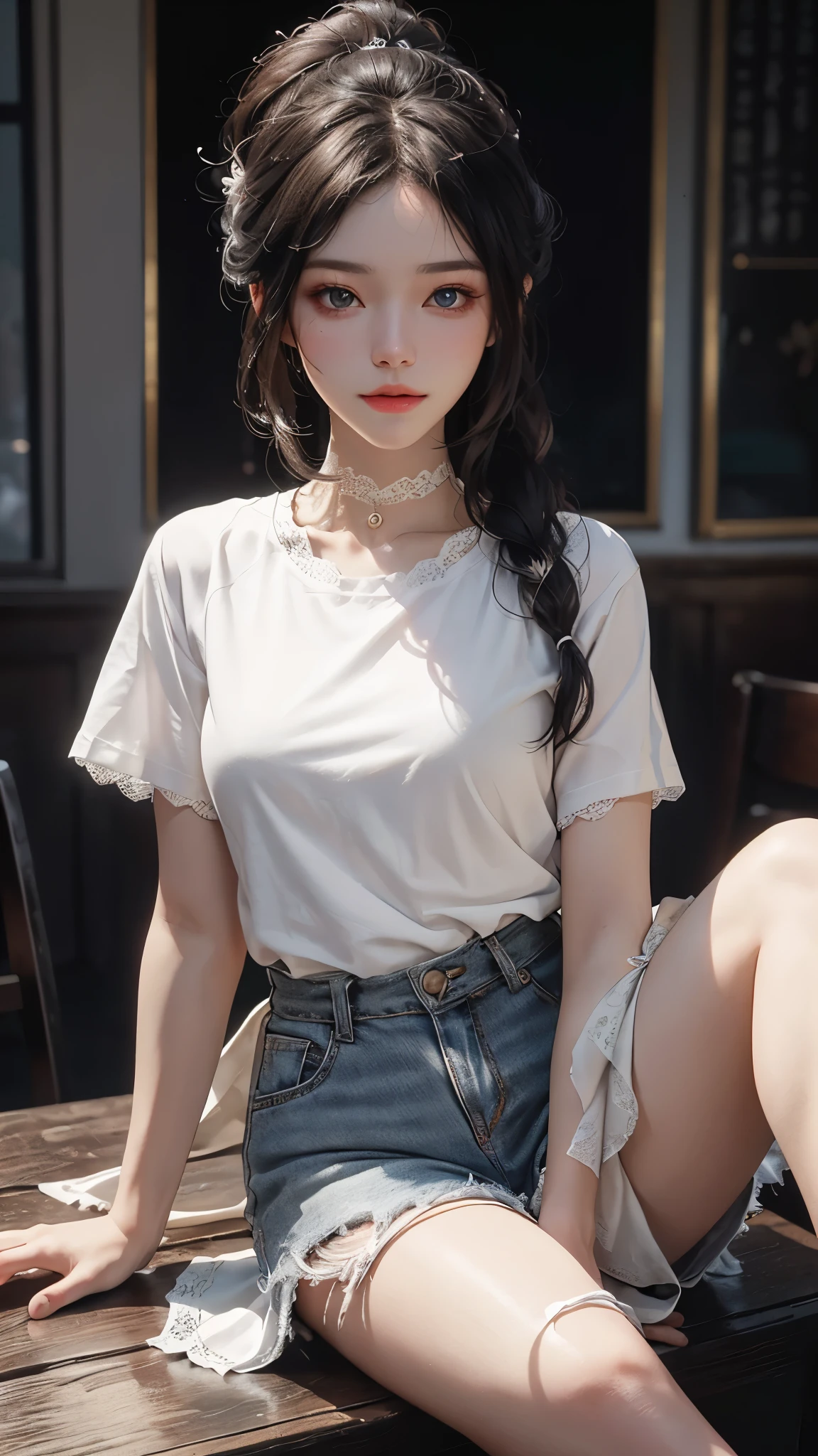 realistic, high resolution, 1 girl, long hair, korean,, loose white shirt, skinny denim shorts,, thighs, panties visible,