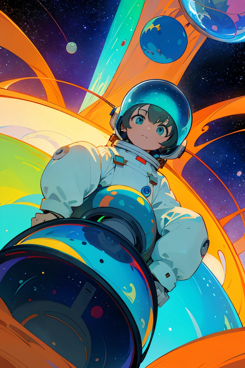 An astronaut in fetal position, vulnerable and small inside a spherical spaceship, floats with arms crossed and legs tucked in. The glass dome of the spacecraft reflects the vast expanse of space, speckled with twinkling stars, whilst the Earth hangs in the background, a beautiful blue and green marble suspended in the inky blackness of the cosmos. His helmet microphone lies quiet, as he keeps his mouth shut, lost in thought amidst the eerie silence. His eyes widen, reflecting a sense of awe, as he gazes upon the wondrous view before him. Despite the overwhelming grandiosity of his surroundings, the astronaut remains deeply introspective